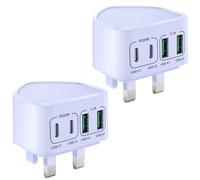 USB C Plug Fast Charge, 2-Pack Mutil USB Plug UK 40W 4-Port Dual Port USB C Power Adapter+ QC Wall Charger Head, Type C Charging Plug for iPhone 17 16 15 14 13 12 11 Pro Max Plus, Samsung, iPad