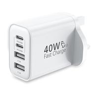 USB C Plug Fast Charge, 40W 4-Port Fast charger Plug, UK Dual Port PD Power Adapter +QC Wall Plug Multiport Mains Type C Phone Charger Plug for iPhone 16 16Pro 16ProMAX 15 14 13 (White, 1)