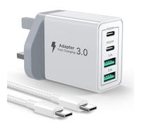 USB C Plug Fast Charge, 40W 4-Port PD Charger Plug Fast Charging UK with 6FT/2M USBC to USBC Cable Type C Charging Plug for iPhone 16/15/14/13/12/11, iPad, Samsung, iPhone Fast Charger Wall Adapter