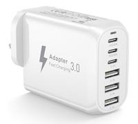USB C Plug Fast Charge, 6 Ports 60W Multi USB Charger Plug UK With 3 Type C +3 USB A Ports, USB Charger Adaptor UK Wall Power Adapter Mains for iPhone 17 16 15 14 13 12 11 Pro Max X XR, Galaxy S26 S25