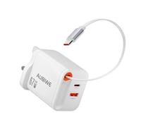 USB C Plug Fast Charge, 67W UK 2-Port Multi USB Charger Plug Fast Charging Head, Dual Port USBC Power Adaptor Type C Wall Head, Retractable USB C Charger Cable for iPhone, Laptop, iPad, MacBook White