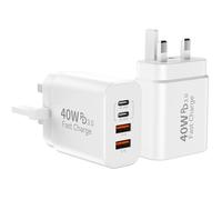 USB C Plug Fast Charger 40W 4-Port USBC Plug UK PD Power Adapter+QC Multi Mains Wall Charger Plug Fast Charging 2-Pack Type C Head Lead for iPhone 17/16/15/14/13/12/11/XS/XR,Samsung,iPad, AirPod White