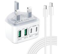 USB C Plug UK, 40W 4-Port Fast Charger Plug with 60W 2M USB C Cable, iPhone Charger Fast Charge for iPhone 17 16 15 Pro Max Plus, Samsung, Type C Charging Plug USBC Power Adapter