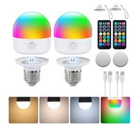 USB-C Rechargeable Light Bulb with Remote Control,E27 LED Bulbs 7W,CCTRGB Dimmable Rechargeable Light Bulb with Timer and Battery,2000mAh Outdoor Emergency Light With Magnetic,2 Pack(with Lanyard)