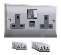 USB C Socket | 20W Super Fast Charging | PD, QC 4.0 | VELTZ Pro | Double Plug Wall Socket 13A 2 Gang | Brushed Steel (3 Pack)