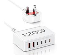 USB-C Wall Charger 120W GaN with 6 Ports Fast Charging | Type C Fast Charger Hub for iPhone 17 Air 16 15 14 13 12 Pro Max, Samsung, iPad, 4 Type C+2 USB A