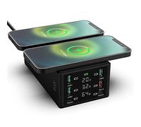 USB Charging Station, 150W 6-Port Fast Charger with Quick Charge 3.0, Dual Wireless Charger, LCD Display, USB C Desktop Hub for Multiple Devices