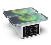 USB Charging Station, 150W 6-Port Fast Charger with Quick Charge 3.0, Dual Wireless Charger, LCD Display, USB C Desktop Hub for Multiple Devices