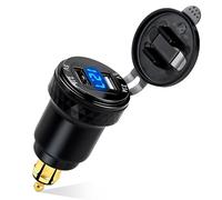 USB cigarette lighter adapter with Hella DIN plug | Dual QC 3.0 Fast Charge Function & Digital Voltmeter, Aluminum Motorcycle Charger for 12V-24V Ducati Triumph BMW