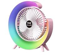 USB Desk Fan 5 Colour LED Lights 3 Levels Air Flow Rechargeable 1800mAh Strong Airflow Quiet Operation Home Office Desk Summer Gift (Pink)