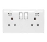 USB Double Wall Plug Socket 2 Gang 13A with 2 USB Charger Port Outlets White Socket Plate