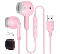 USB Earbuds for PC,Headphones with Microphone for Computer,Wired USB Headset with Mic Audio Control Noise Isolating Stereo Laptop Earphones for Dell for HP Asus for Surface Office Zoom Working Pink