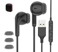 USB Earbuds with Microphone PC In-Ear USB A Wired Computer Headphones Black | Track Control Noise Isolated 7.5ft Long Cord Stereo Headsets for HP Dell Surface Laptop Desktop Mac PS5 Zoom Office School