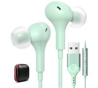 USB Earphones for PC Laptop Computer Magnetic in-Ear USB Headphones 7.5FT | Headset with Microphone USB Headphone In Ear Wired for Dell for HP Laptop Work Meeting Office for Women Girls Mint Green 2.5M