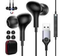 USB Headphones with Microphone for PC 7.5Ft Cable, Magnetic USB A in-ear Wired Earbuds Noise Isolation with Volume Microphone Control Stereo Bass for PS5 PS4 Laptop Notebook Desktop Gaming School