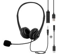 USB Headset for PC Laptop Phone, 3.5mm / USB / Type-C Jack 3-In-1 Wired Headphones with Noise Cancelling Mic & Audio Controls, Adjustable Headband Headset for Call Centers, Home Office, Online Chat