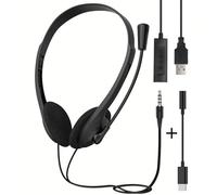 USB Headset for PC Laptop Phone, 3.5mm / USB / Type-C Jack 3-In-1 Wired Headphones with Noise Cancelling Mic & Audio Controls, Adjustable Headband Headset for Call Centers, Home Office, Online Chat
