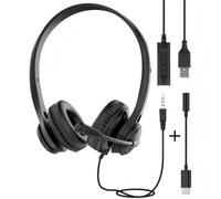 USB Headset for PC Laptop Phone, 3.5mm / USB / Type-C Jack 3-In-1 Wired Headphones with Noise Cancelling Mic & Audio Controls, Adjustable Headband Headset for Call Centers, Home Office, Online Chat