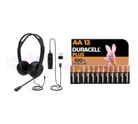 USB Headset with Microphone, 3.5mm/USB Jack 2-In-1 Computer Headset & Duracell Plus AA Batteries (12 Pack) - Alkaline 1.5V - Up To 100% Extra Life