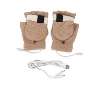 USB Heated Half Finger Gloves, Wireless Electric Heating Gloves with Foldable Finger Covers, Washable Cotton Knit Thermal Gloves for Outdoor Laptop Use in Cold Weather (Khaki)