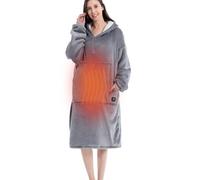 USB Heated Wearable Blanket Electric Hooded Blanket with 3 Heating Levels, Winter Warm Cozy Flannel Long Oversized Hoodie Sweatshirt for Women Man, Gray, Button Control