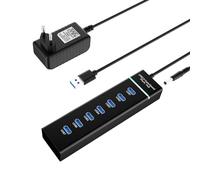 USB Hub 3.0 with Power Supply: 7 Ports USB Hub Active for Ultra-Fast Data Transfer, Multiple Connector USB Splitter with for PC, Laptop, Flash Drives, Mobile HDD