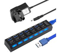USB Hub Powered 7 Port, Powered USB 3.0 2.0 Hub Splitter with Individual LED On/Off Switches Compatible with Windows for Laptop Desktop, USB Extension Splitter AC to DC 5V 2A Power Adapter