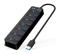 USB Hub Powered 7-Port USB 3.0 Hubs with Individual Switches and Lights 5Gbps Powered Hub Multiple Port Adapter Extension for PC, Laptop, Printer and More