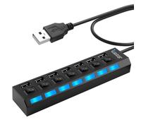 USB Hubs, Portable USB Splitter with 7 Ports and Single LED Switches, Hi Speed Hub with Power Supply for Laptop, PC, MacBook and Other Devices, Portable and Practical