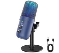 USB Microphone, Computer Condenser Mic with Noise Cancellation, Echo Mode, RGB Lighting, Mute Button, Plug & Play Gaming Mic for PC, Mac, PS5, Streaming, Recording, Podcasting & Online Meetings Blue