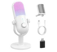 USB Microphone for PC Gaming: Condenser Microphone RGB with Stand Mic - Recording Mic for Computer & Laptop with Quick Mute - Desk Podcast Mic for Podcast & Singing & Streaming & Youtube White