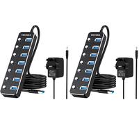 USB Power Hub, VKUSRA Aluminum 7 USB Hub 3.0 SuperSpeed USB Data Hub with 5V3A Power Adapter and Individual On/Off Switch for PC Laptop, Desktop, NoteBook, MacBook and More (Pack of 2)
