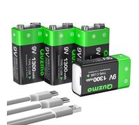USB Rechargeable 9V Lithium Batteries, 1300mAh High Capacity Rechargeable 9 Volt Square Batteries with 2 in 1 USB-C Fast Charging Cable (4 Pack)