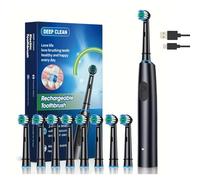 USB Rechargeable Adult Electric Toothbrush, 8 Round Replacement Heads, 5 Cleaning Modes, Ultra-Soft Nylon Bristles, Safe & Gentle Cleaning for Sensitive Teeth - (Box Set) (Obsidian Black)
