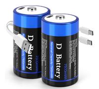 USB-Rechargeable D Batteries (2-Pack) - 1.5V Lithium, 7500mWh, Full Charge in 2 Hrs via USB-C • LED Status • 1000+ Cycles • Eco-Friendly & CE Certified