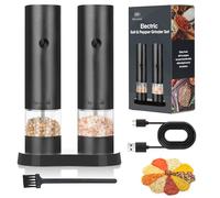 USB Rechargeable Electric Salt and Pepper Grinder Set, 4-Level Adjustable Coarseness Ceramic Grinder with Storage Base, One-Hand Operation Washable Container for Kitchen/Picnic/BBQ