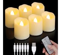 USB Rechargeable Flameless LED Tea Lights Warm White Votive Candles with Remote Battery Flickering Tealights Candle for Halloween Christmas Romantic Home Decoration (6 Packs,Warm White)