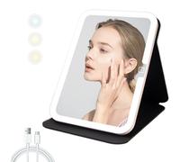 USB Rechargeable Foldable Makeup Mirror, LED Light HD Travel Makeup Mirror, Touch Screen Adjustable Brightness Large Folding Mirror, PU Leather Desktop Makeup Mirror for Travel Camping Home, 21x14cm