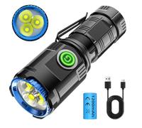 USB Rechargeable LED Torch, 1000LM Mini Ultra Powerful Led Torch, 5 Modes Flashlight with Magnetic Cover, 3 LEDs IPX4 Waterproof Flashlight for Camping, Frontal, Emergency