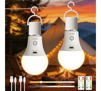 USB Rechargeable Light Bulb With Remote Control, 3 Color, A60 E27 Battery Powered Light Bulbs, 7W LED Dimmable Touch Control Bulbs with Timer for Non-Hardwired Lamps, Emergency Bulb With Hook, 2 Pack