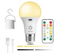 USB Rechargeable Light Bulb With Remote Control, 3 Color, A60 E27 Battery Powered Light Bulbs, 7W LED Dimmable Touch Control Bulbs with Timer for Non-Hardwired Lamps, Emergency Bulb With Hook, 1 Pack