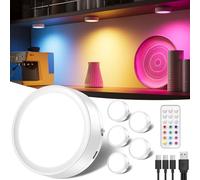 USB Rechargeable RGB Puck Lights with Remote, Color Changing 2400mAh Battery Powered Tap Light Classroom Magnetic Push Light Stick On Closet Lighting Wireless LED Shelf Lights Under Cabinet Touch Lamp