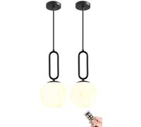 USB Rechargeable Wireless Pendant Lights Set of 2, Modern Globe Glass Gold Hanging Fixtures with Remote Timer for Bedroom, Kitchen Island & Dining Room Lighting