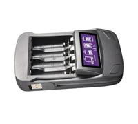 USB Smart 4 Slot Battery Charger with LCD Display for Aa Batteries | ABS Black Body, Left Right Buttons, USB Cable Included, Portable Home Workbench Use