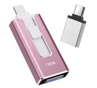 USB Stick for iPhone 128GB, [MFi Certified] 4-in-1 USB Stick Lightning Stick for iPhone Compatible with iOS/Android/PC, USB 3.0 【Without App】 for Backing Photos and Videos, Pink