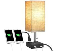 USB Table Lamp, Bedside Nightstand Lamp with Dual USB Charging Port, Fabric Shade Desk Lamp,Convenient Pull Chain for Bedroom,Living Room,Office