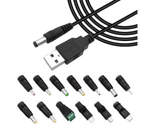 USB to DC Cable, 1M 5V 2A USB to DC Barrel Jack Cable Universal USB2.0 to DC Power Cable 5.5mmx2.1mm Barrel Jack Plug Charger with 13 Interchangeable Connector for Laptops Speakers Power Banks Routers