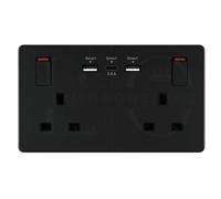 USB Type-C & USB-A Double Wall Socket - 13A 2 Gang, 35W Max Output, Modern Screwless Black Design with Integrated Charging