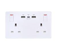 USB Type-C & USB-A Double Wall Socket - 13A 2 Gang, 35W Max Output, Modern Screwless White Design with Integrated Charging