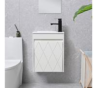 USBATHJOY 16" Bathroom Vanity Sink Combo for Small Space, Wall Mounted Bathroom Cabinet Set with White Resin Basin Sink Top Black Faucet Pop Up Drain White